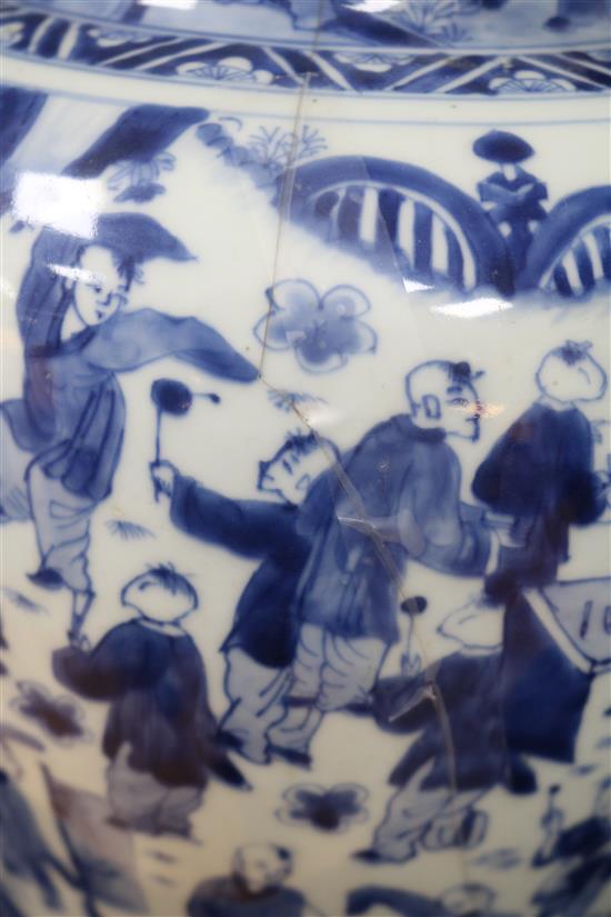 A Chinese blue and white Hundred Boys vase, Transitional period c. 1640, wood stand and cover
